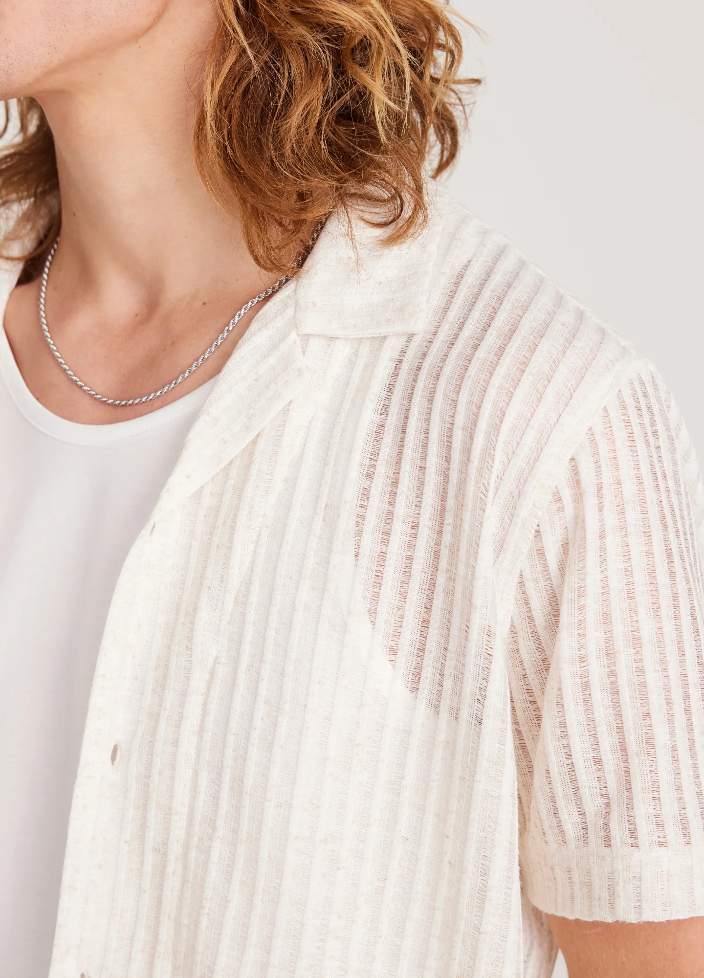 Striped Open Knit Short Sleeve Shirt Natural - Image 4