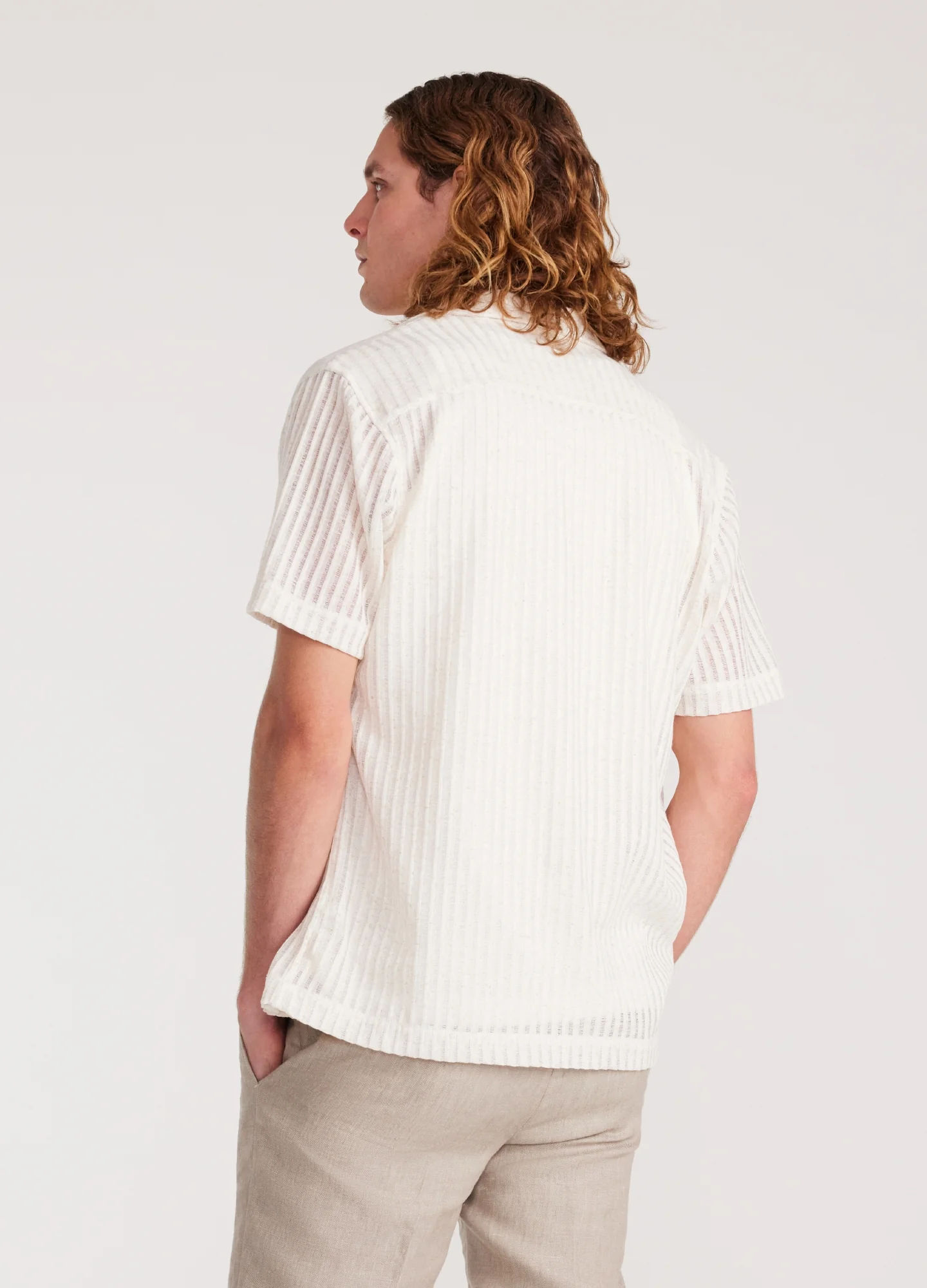 Striped Open Knit Short Sleeve Shirt Natural - Image 5