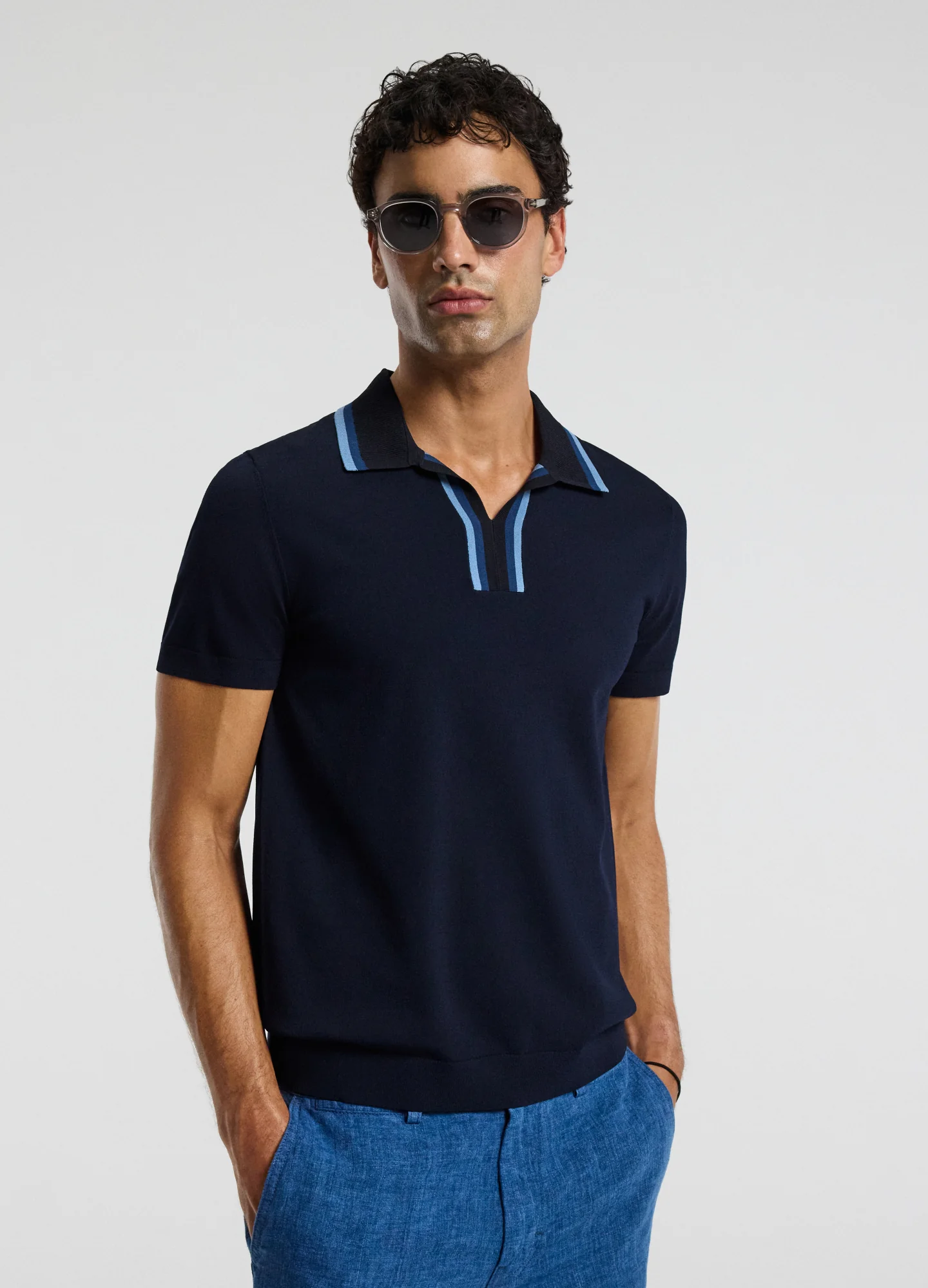 Stripe Open Neck Knit Polo Navy - Image 3