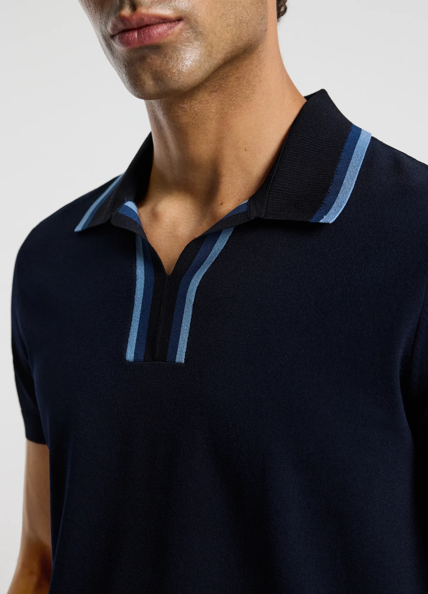 Stripe Open Neck Knit Polo Navy - Image 4