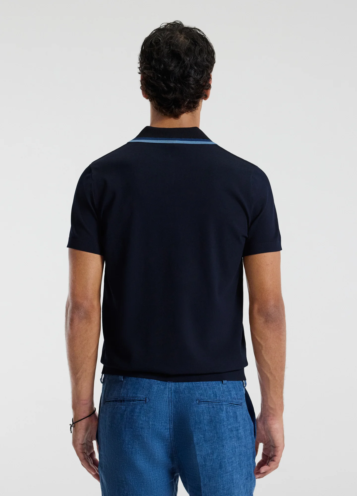 Stripe Open Neck Knit Polo Navy - Image 5