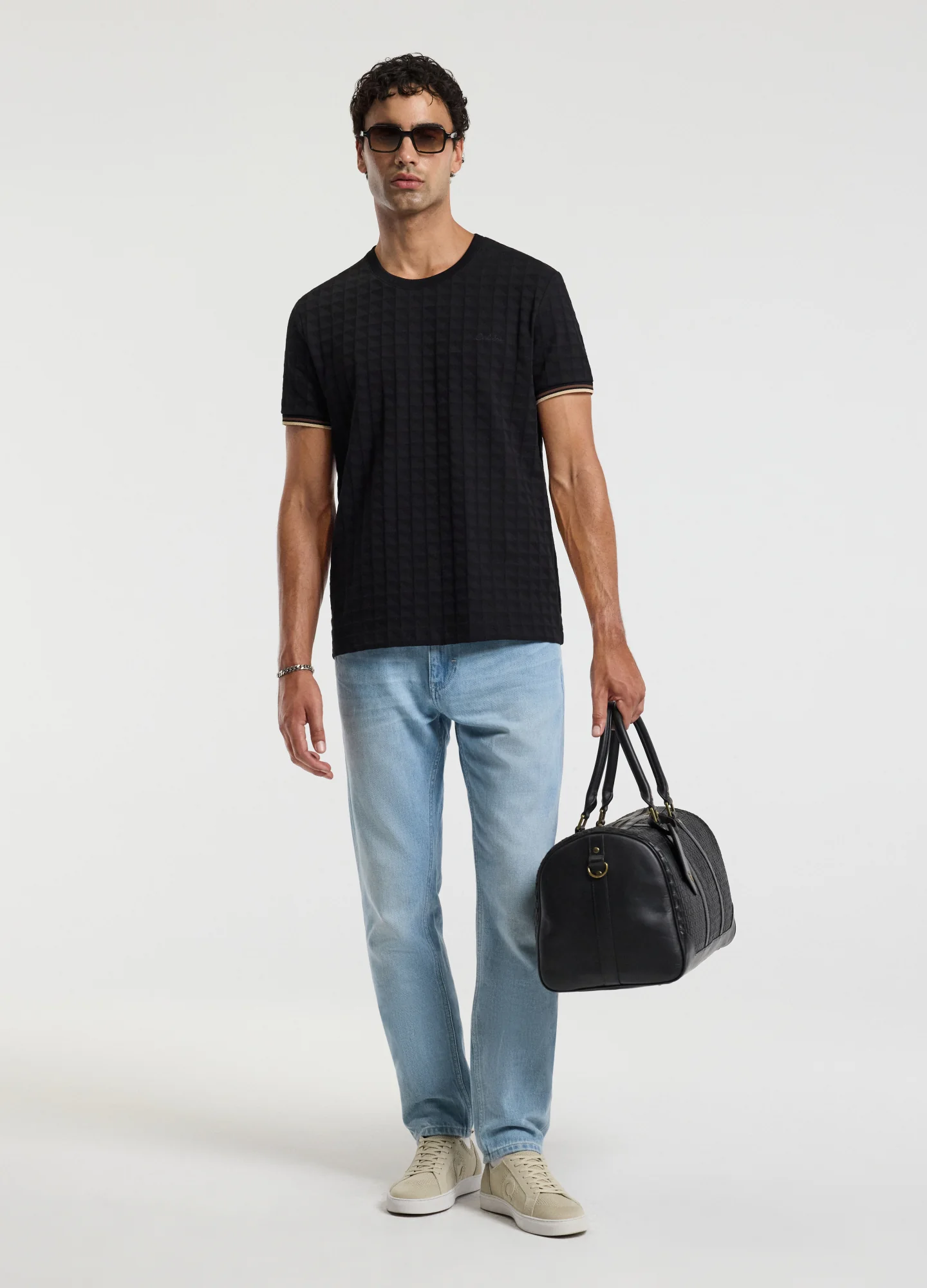 Stripe Trim Jacquard T-shirt Black - Image 2