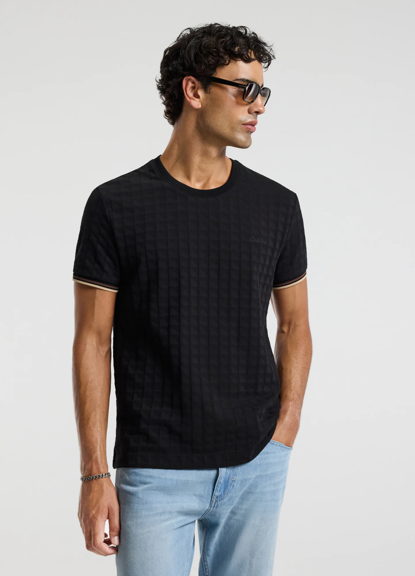 Stripe Trim Jacquard T-shirt Black - Image 3