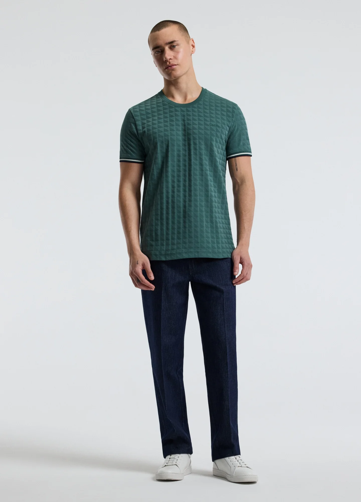Striped Trim Jacquard T-shirt Sea Green - Image 2