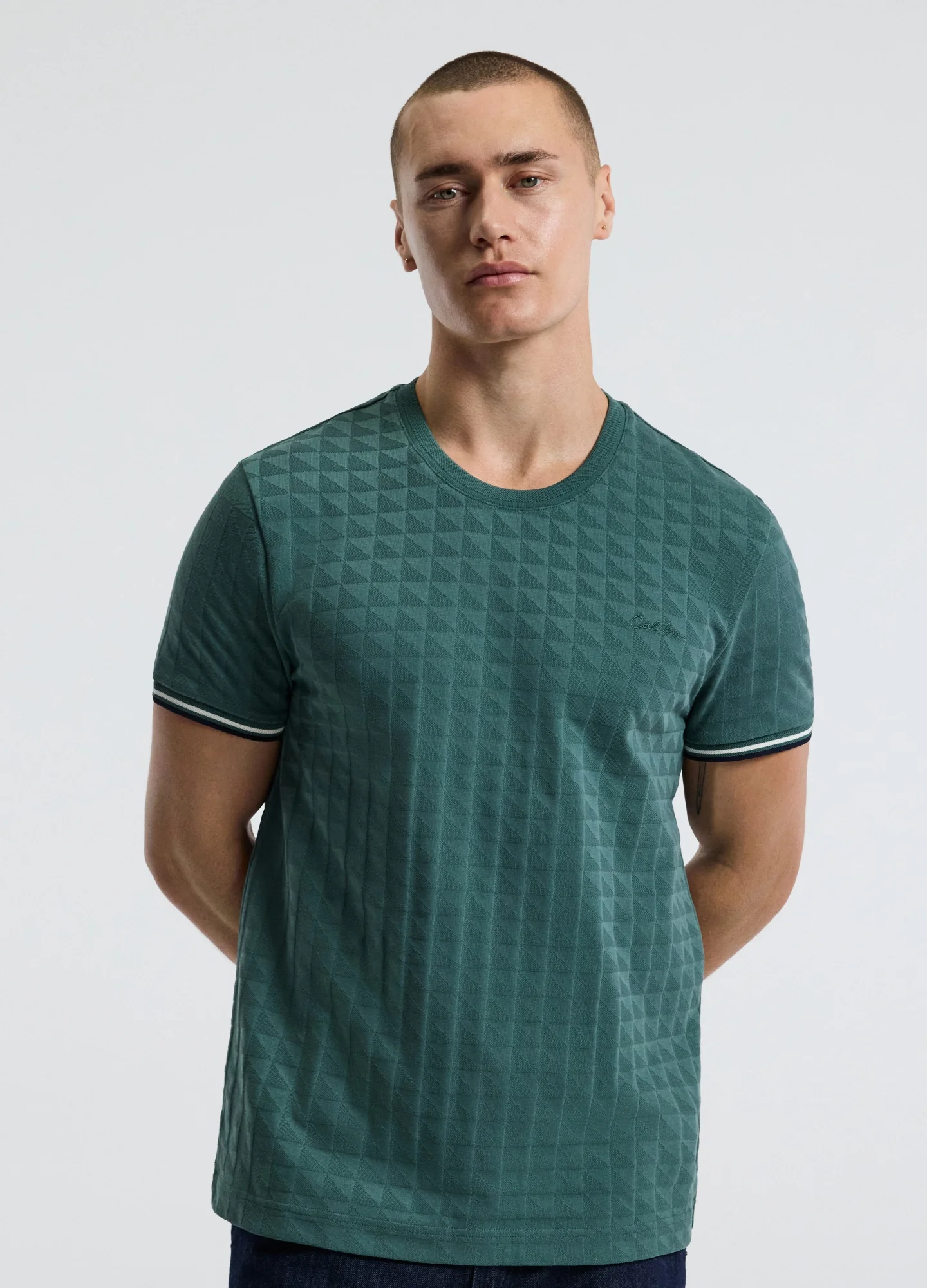Striped Trim Jacquard T-shirt Sea Green - Image 3