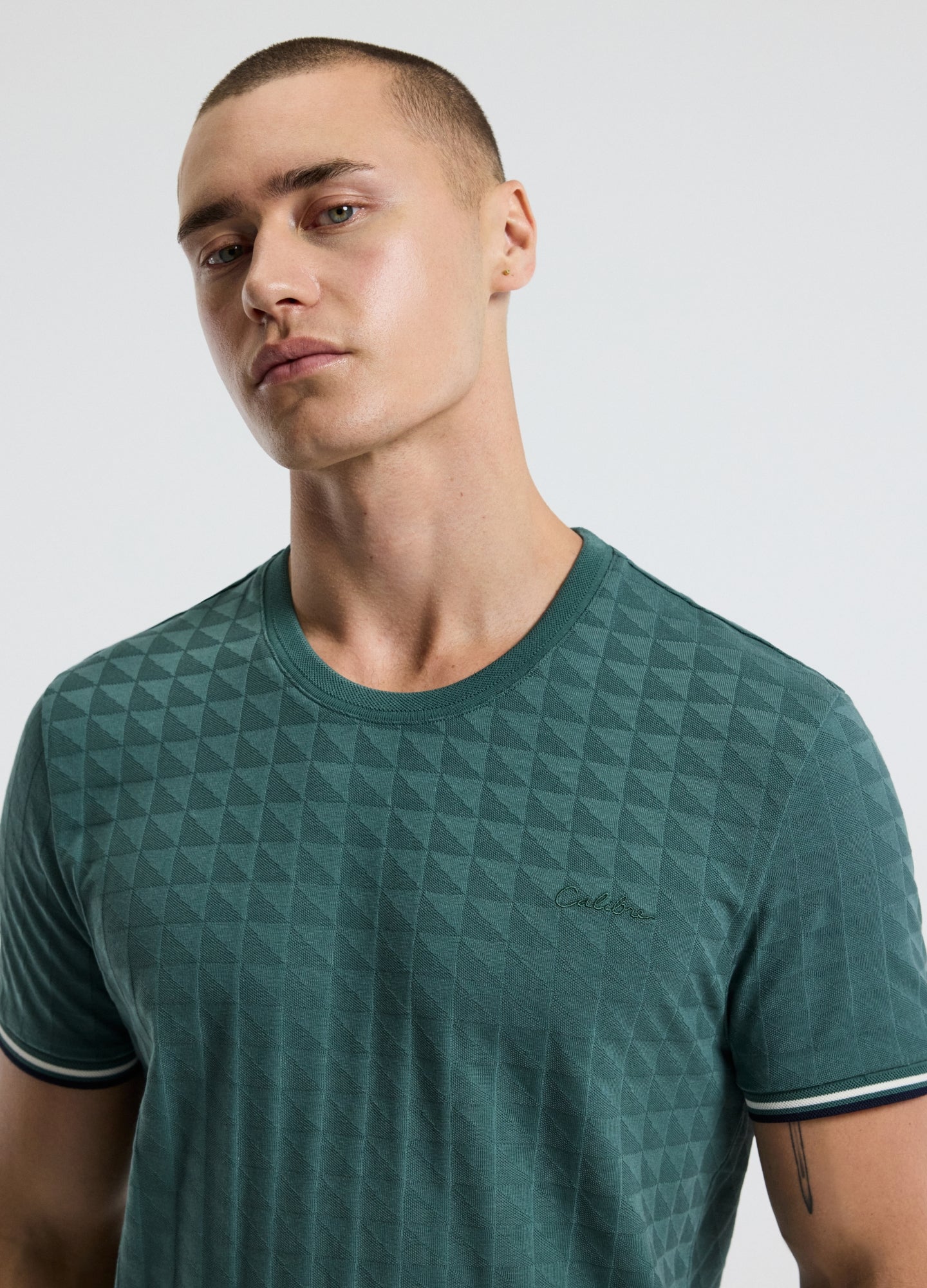 Striped Trim Jacquard T-shirt Sea Green - Image 4