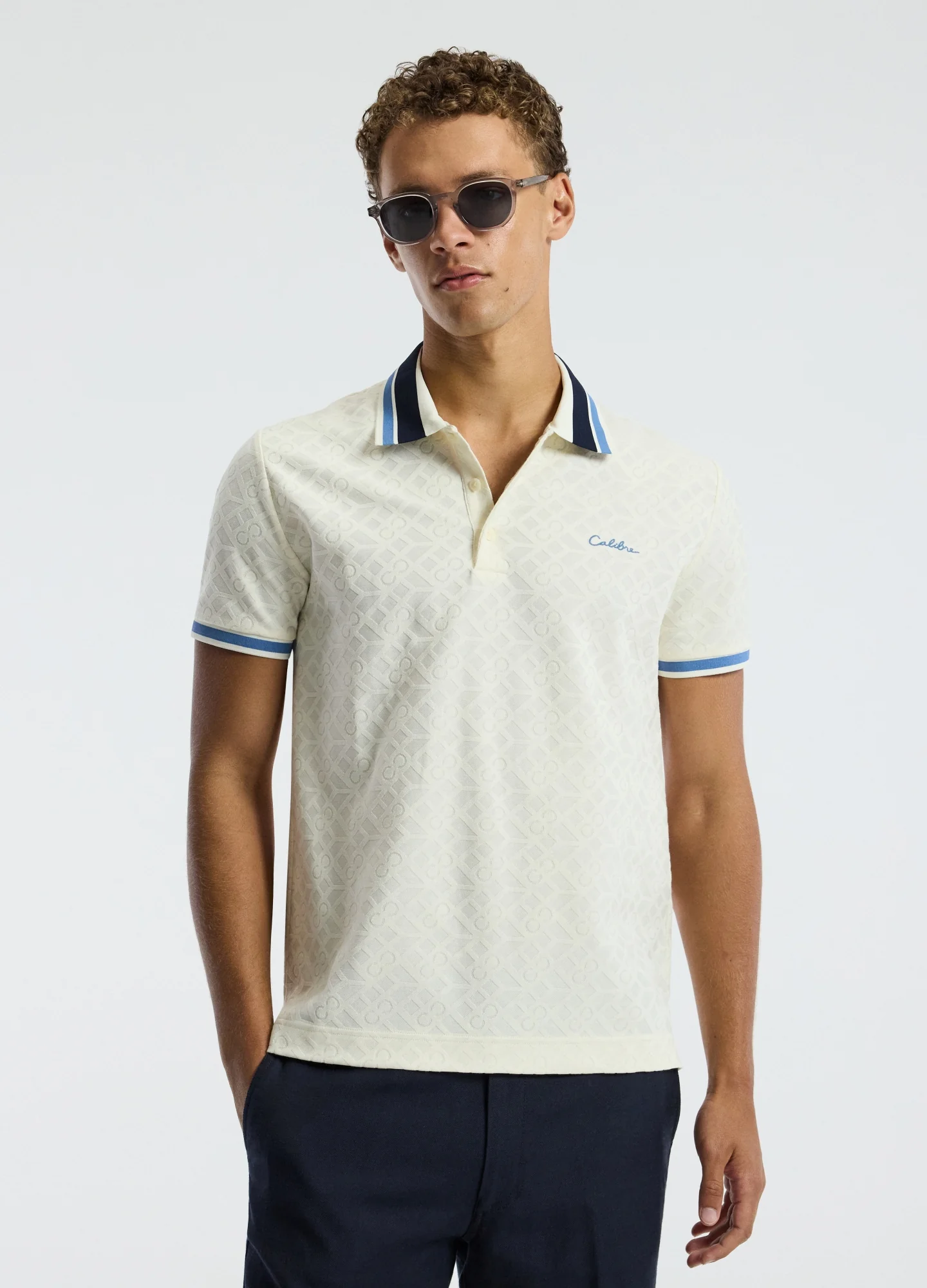 Striped Trim Monogram Polo Cream - Image 3