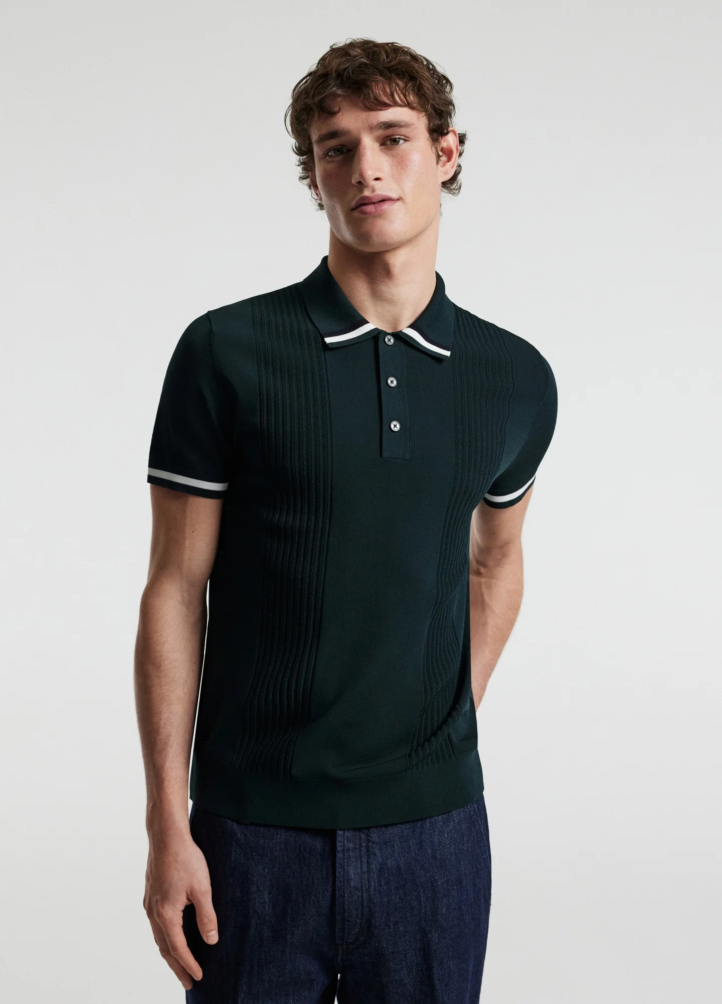 Tech Stripe Collar Polo Bottle Green - Image 3