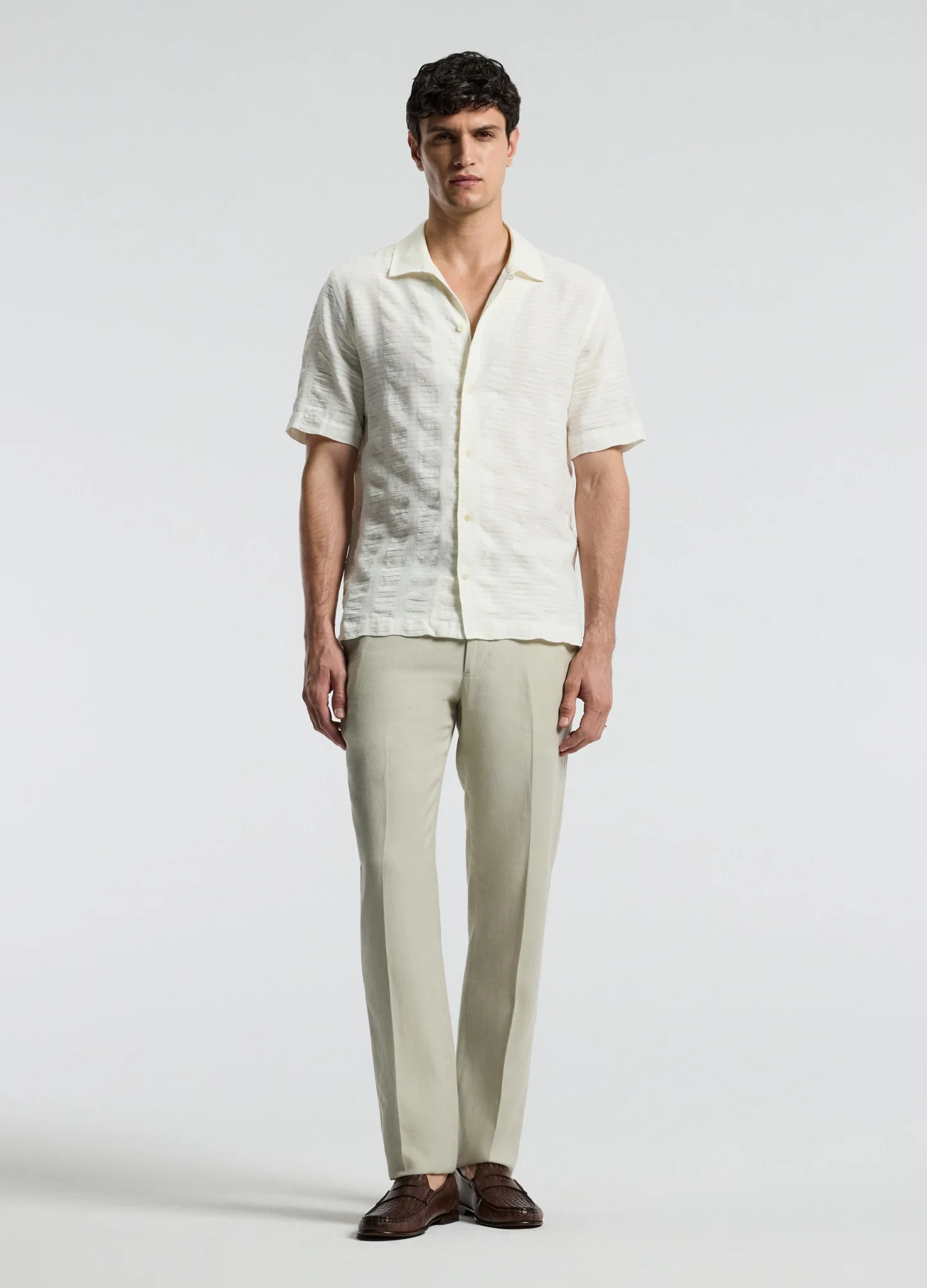 Textured Cotton Linen Short Sleeve Shirt Ivory - Image 2
