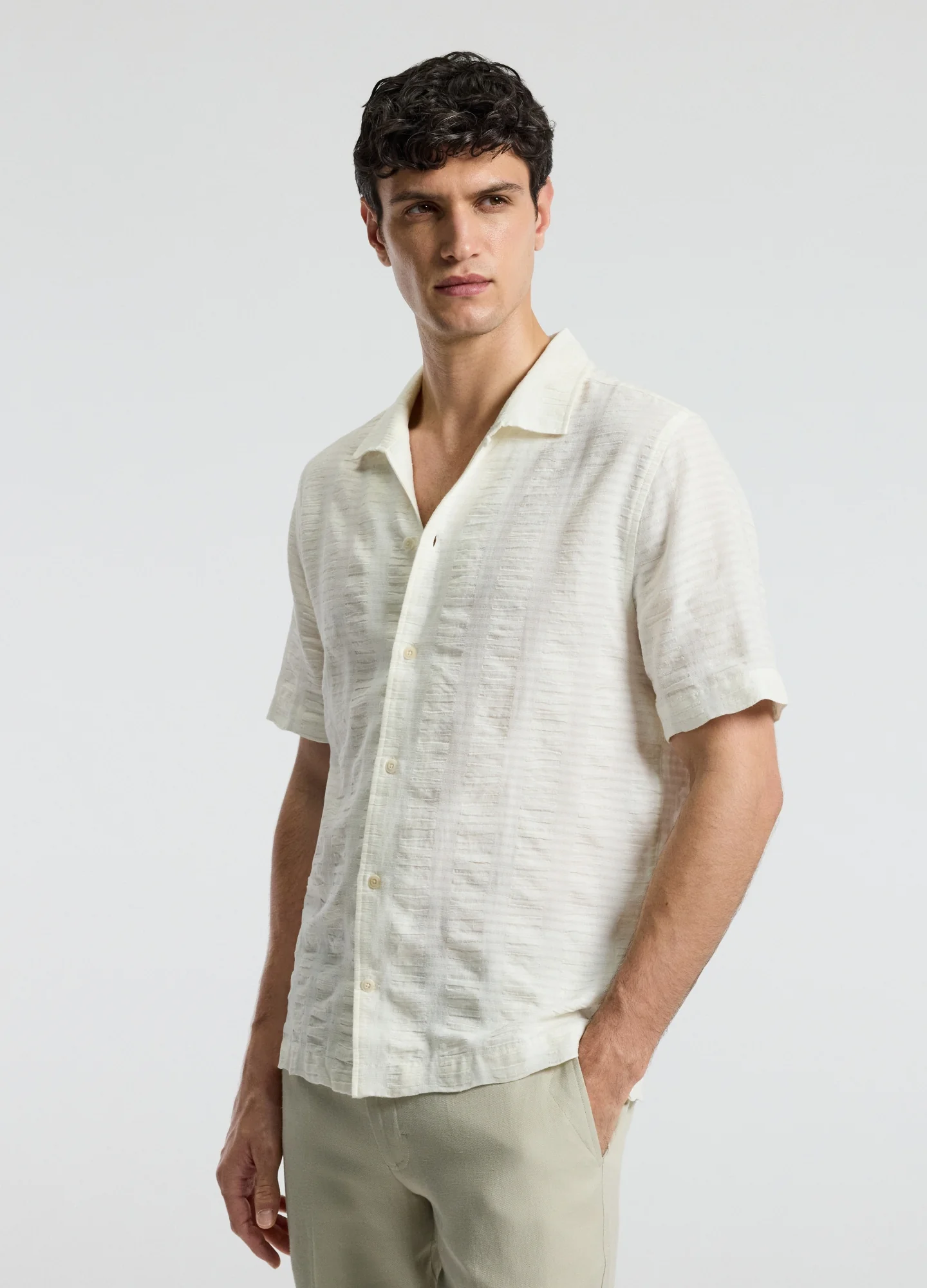 Textured Cotton Linen Short Sleeve Shirt Ivory - Image 3