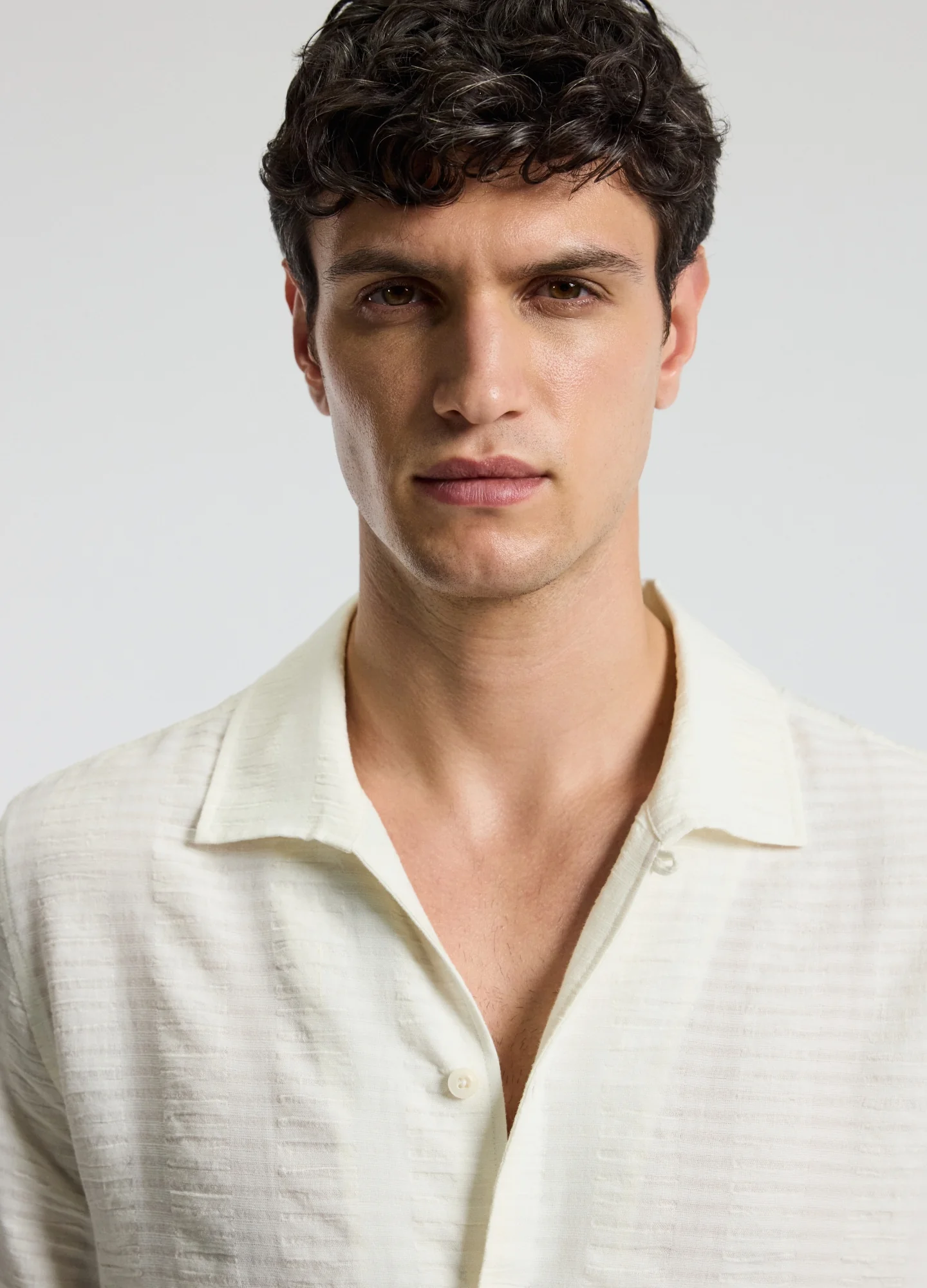 Textured Cotton Linen Short Sleeve Shirt Ivory - Image 4