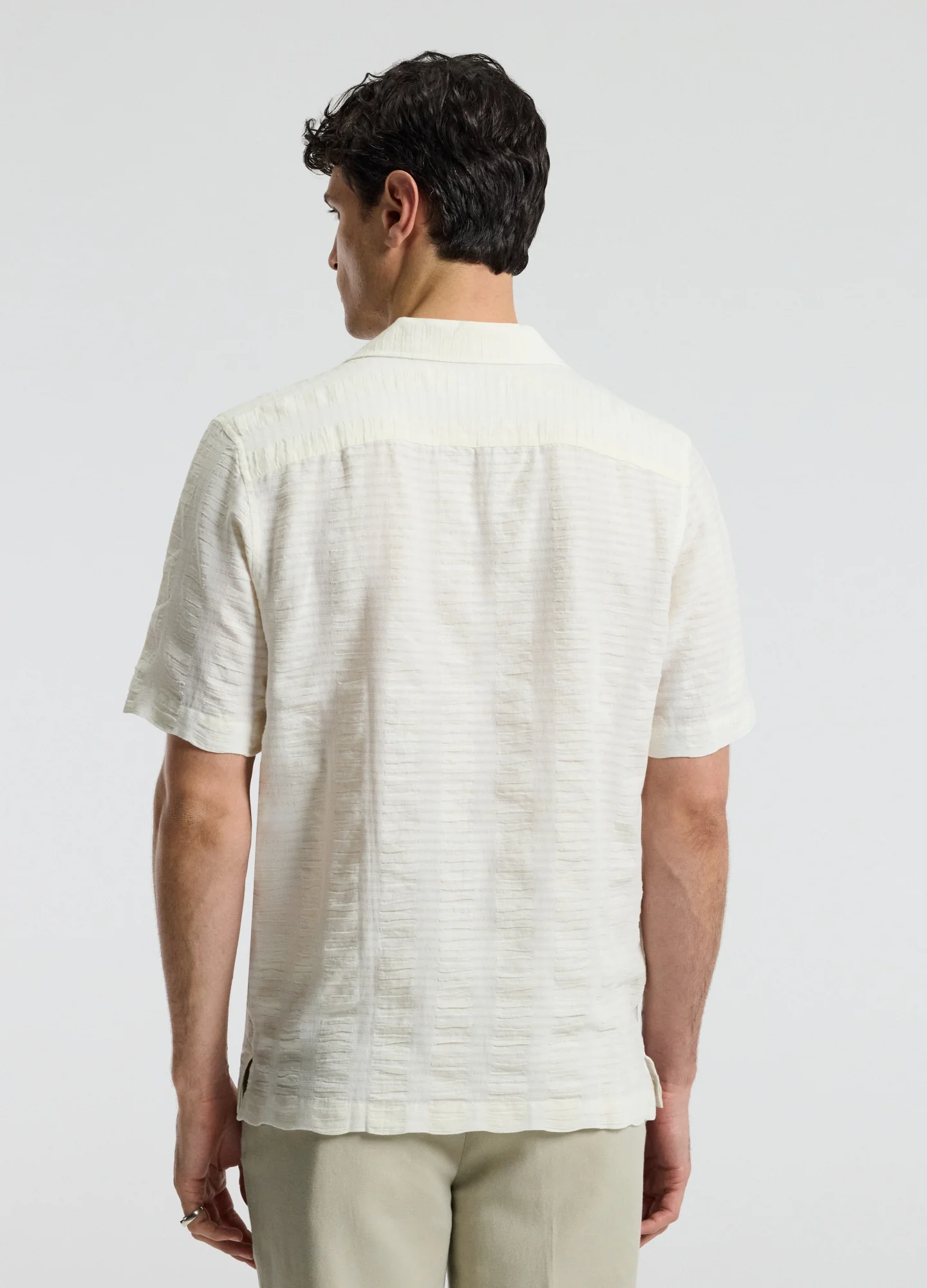Textured Cotton Linen Short Sleeve Shirt Ivory - Image 5
