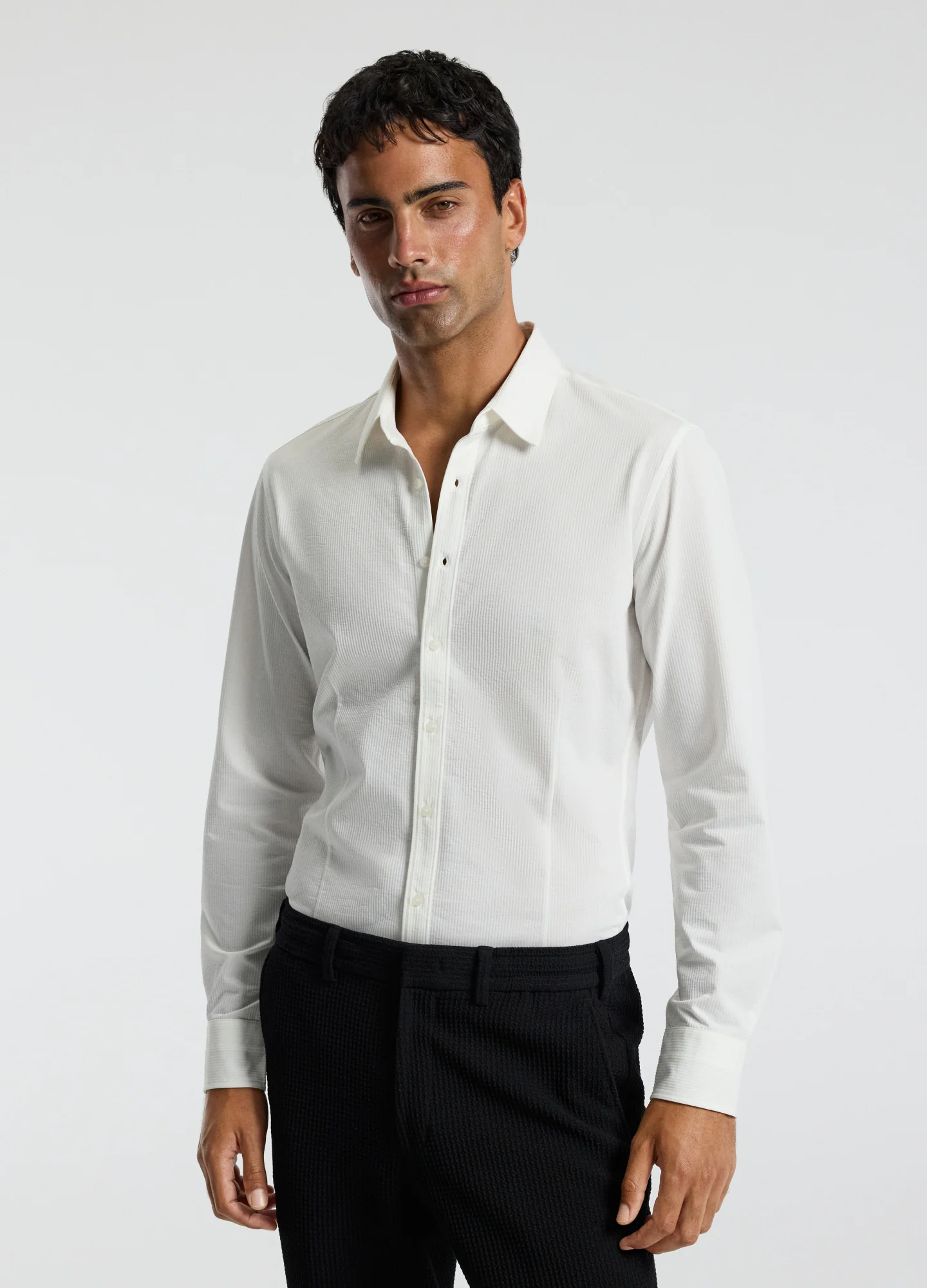Textured Knit Stretch Shirt Off White - Image 3