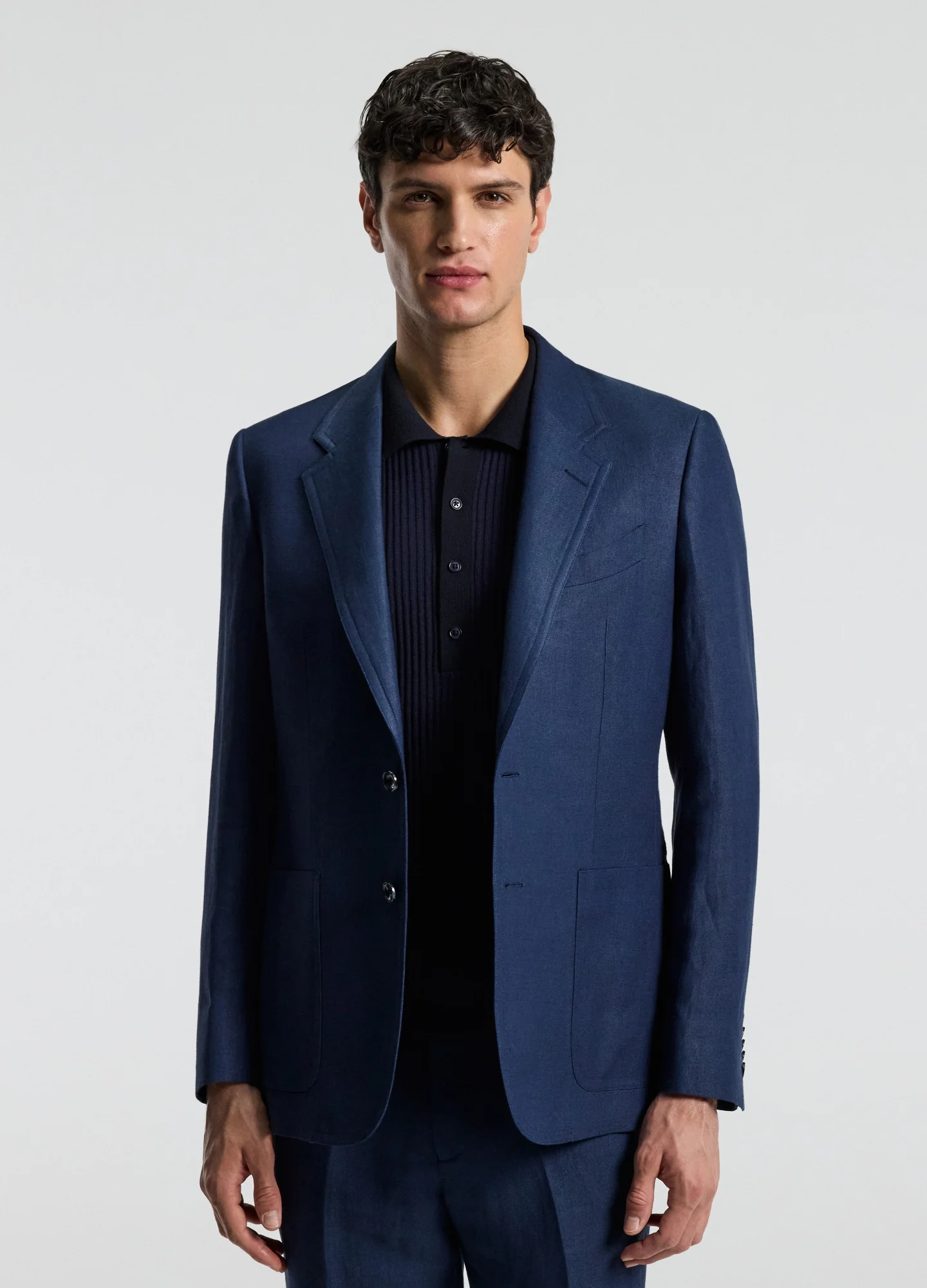 Textured Linen Blend Blazer Denim Blue - Image 3