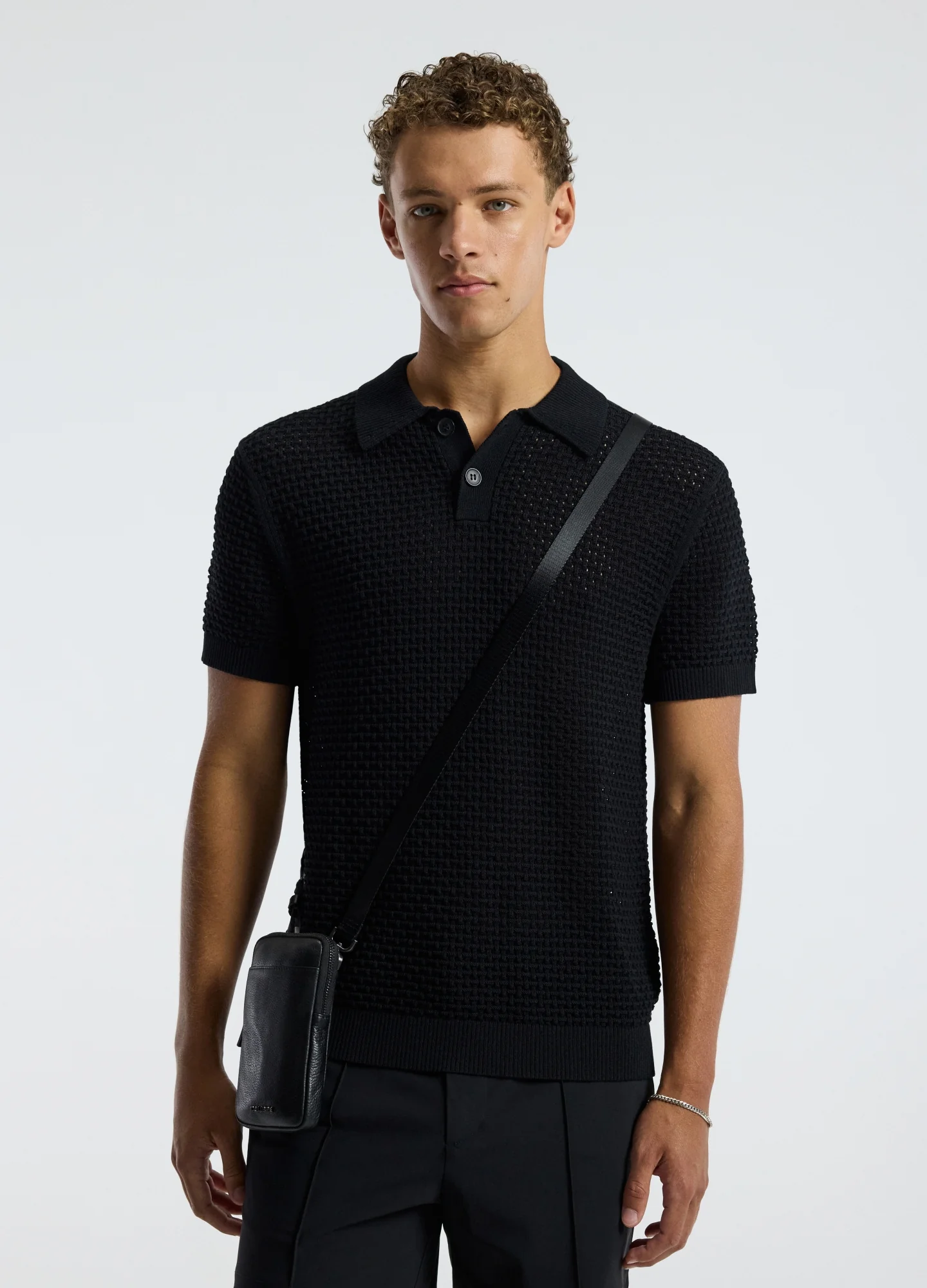 Textured Open Knit Polo Black - Image 3