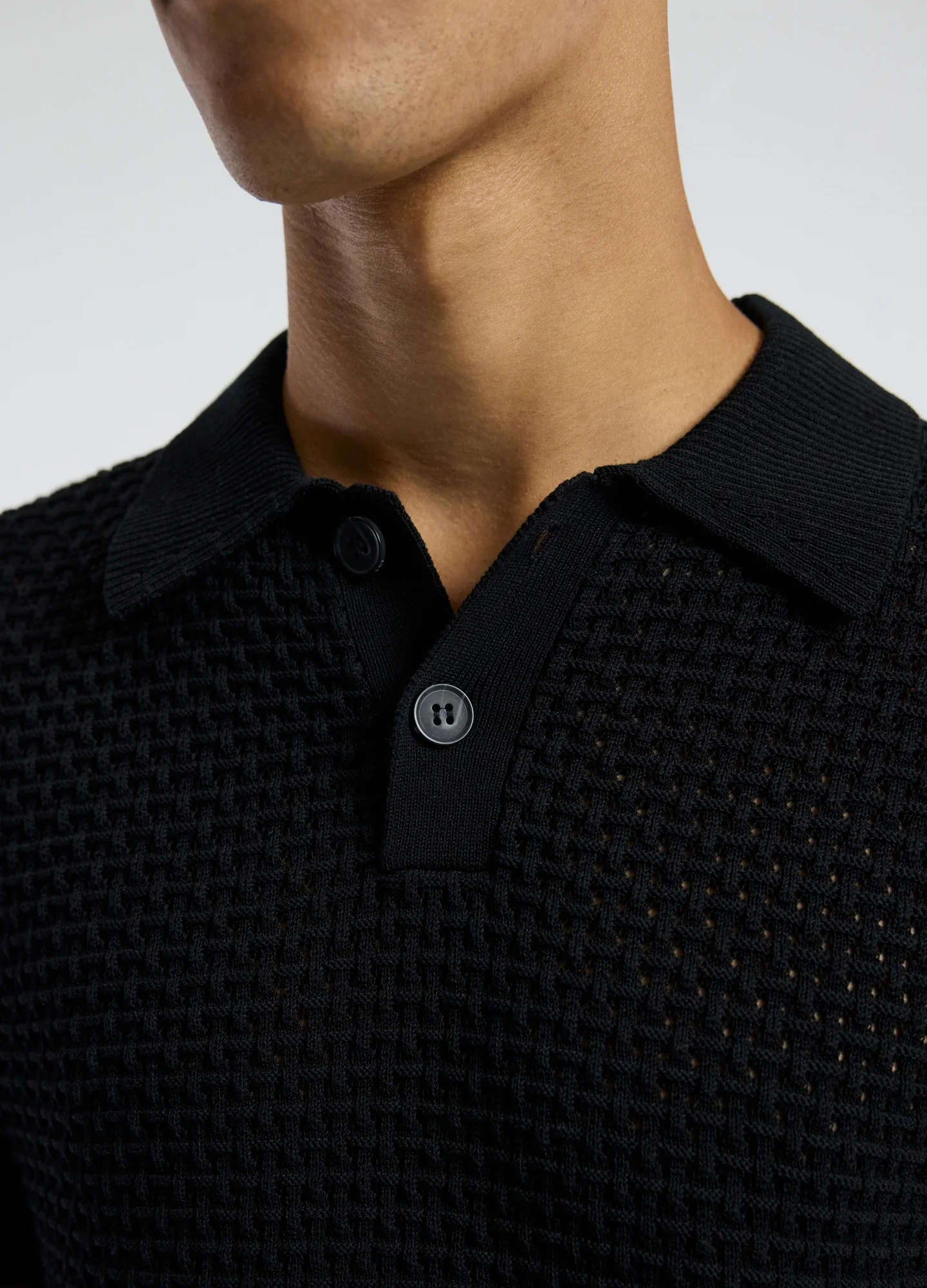 Textured Open Knit Polo Black - Image 4