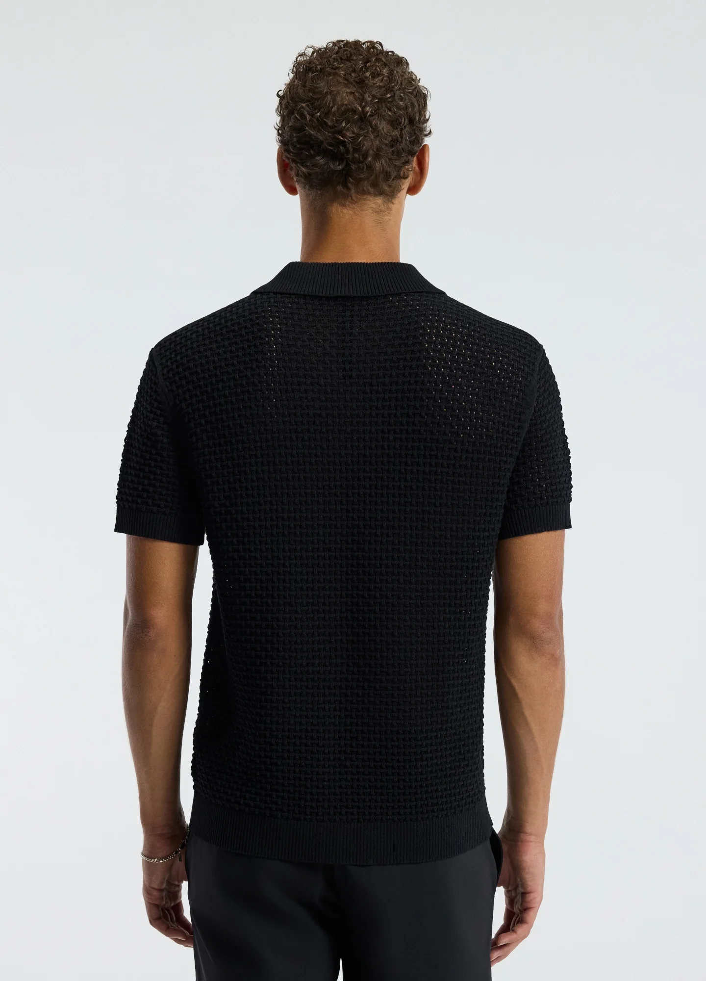 Textured Open Knit Polo Black - Image 5