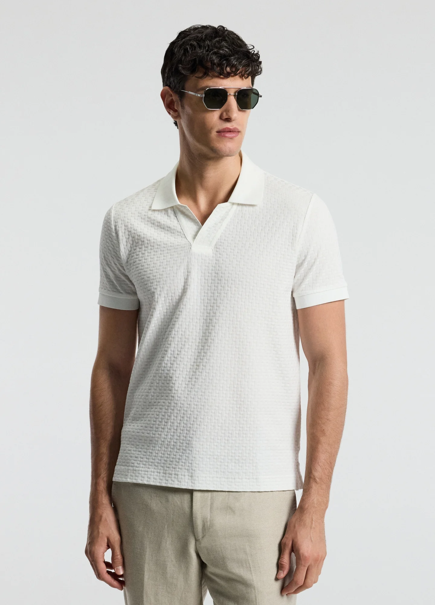 Textured Open Neck Polo Ivory - Image 3