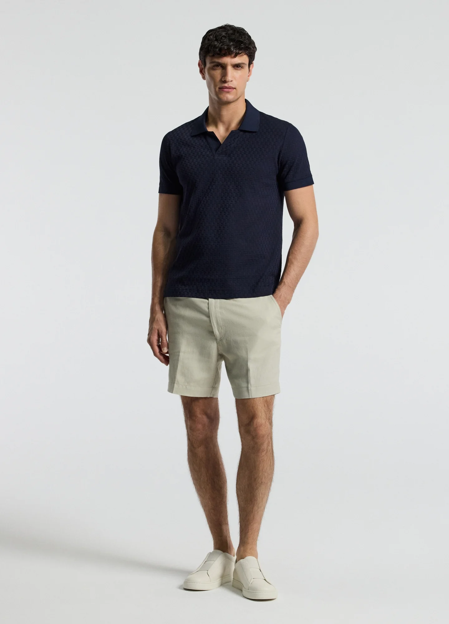 Textured Open Neck Polo Navy - Image 2