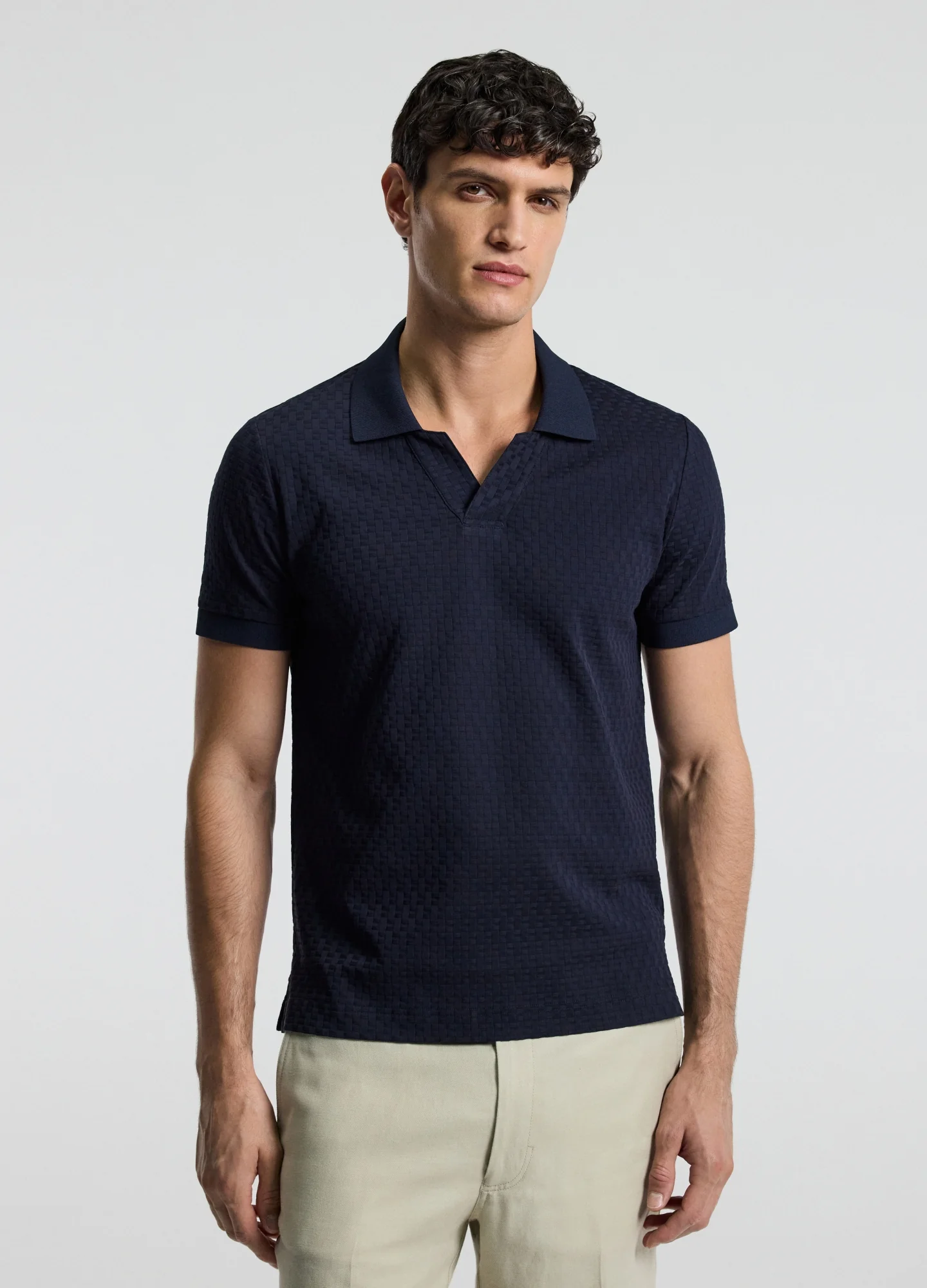Textured Open Neck Polo Navy - Image 3