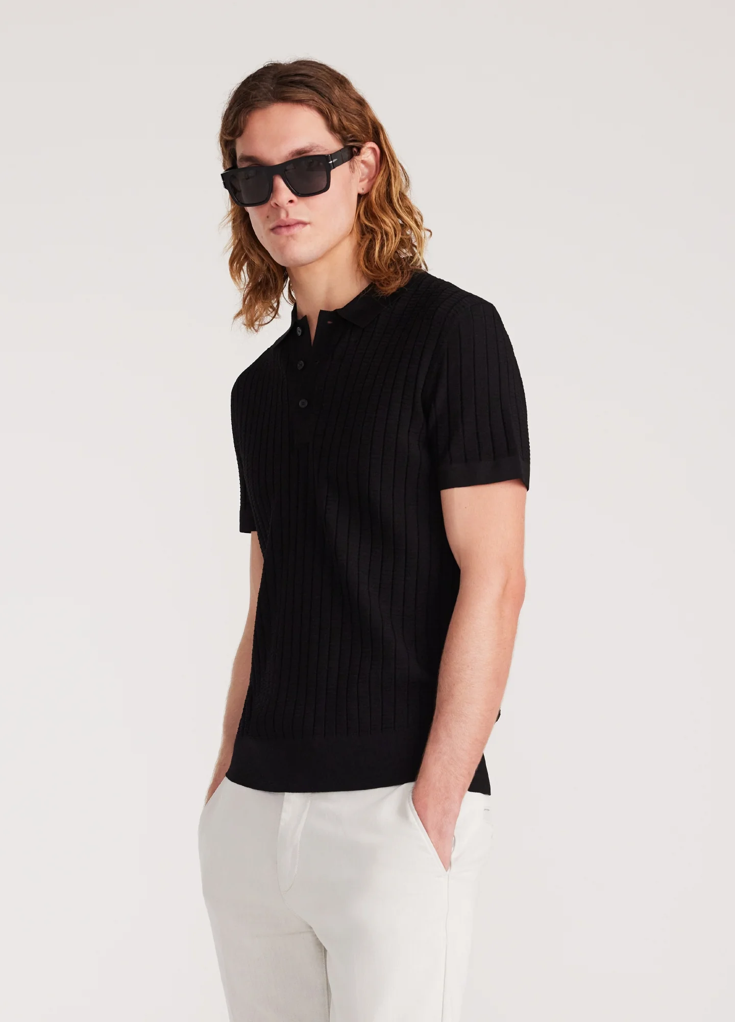 Textured Rib Tech Knit Polo Black - Image 3