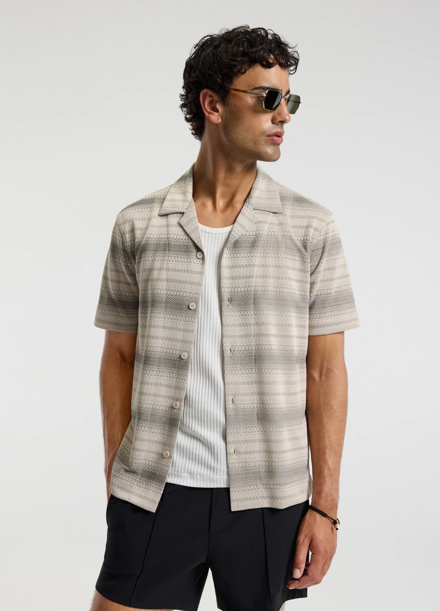 Textured Stripe Cuban Collar Shirt Neutral - Image 3