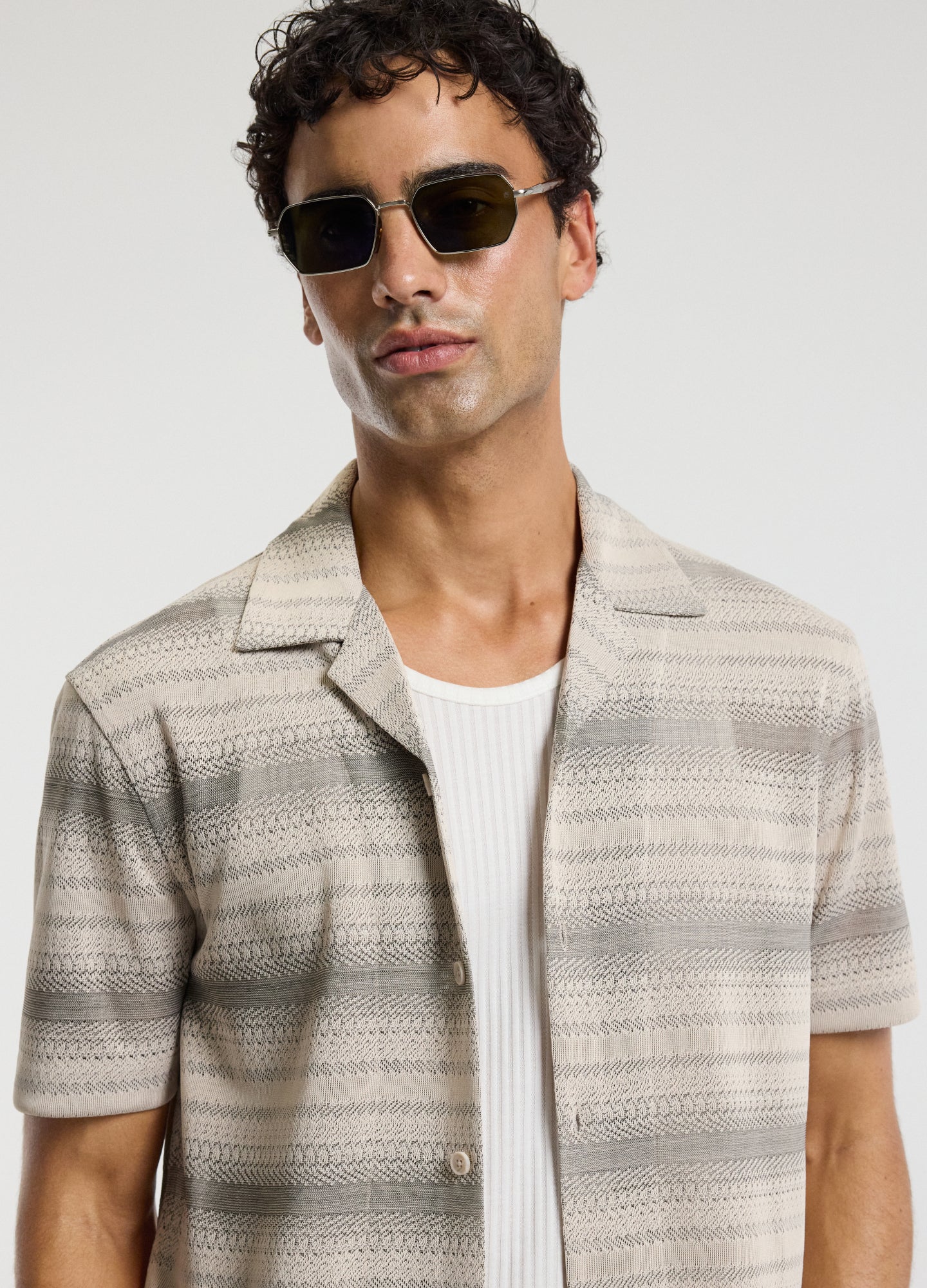 Textured Stripe Cuban Collar Shirt Neutral - Image 4