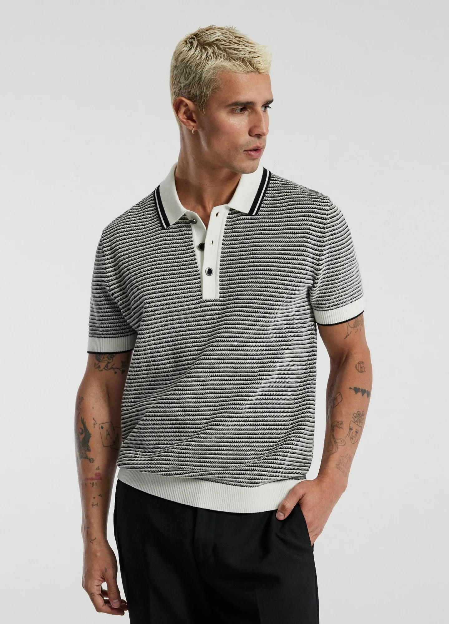 Textured Stripe Knit Polo Grey - Image 3