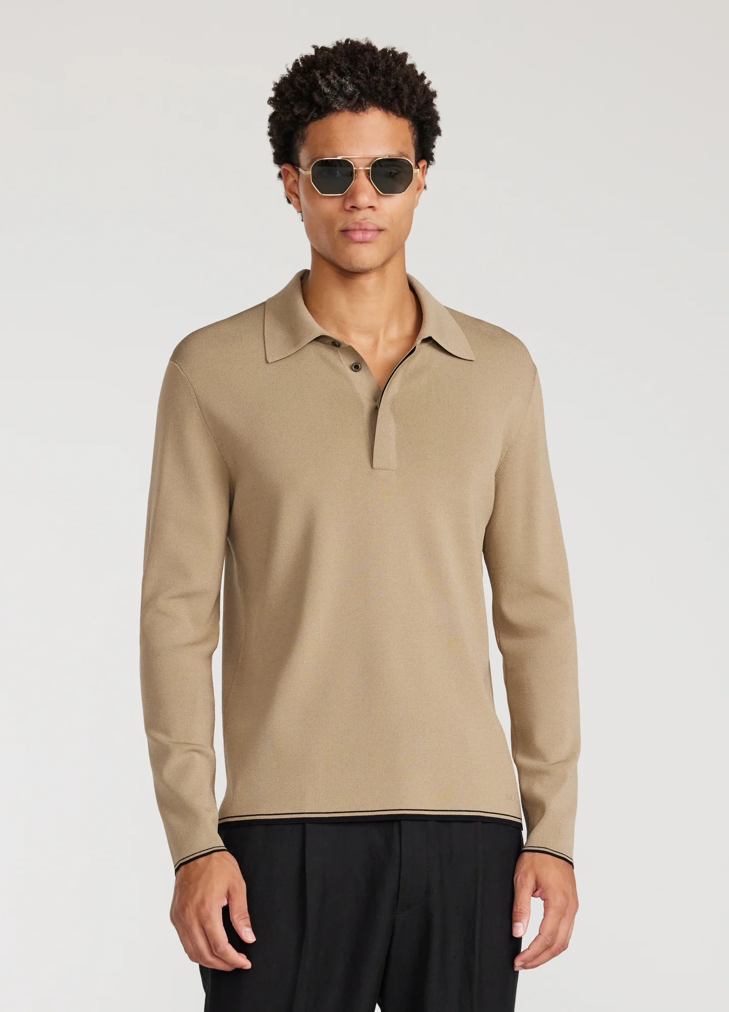 Tipped Edge Long Sleeve Polo Sand - Image 3