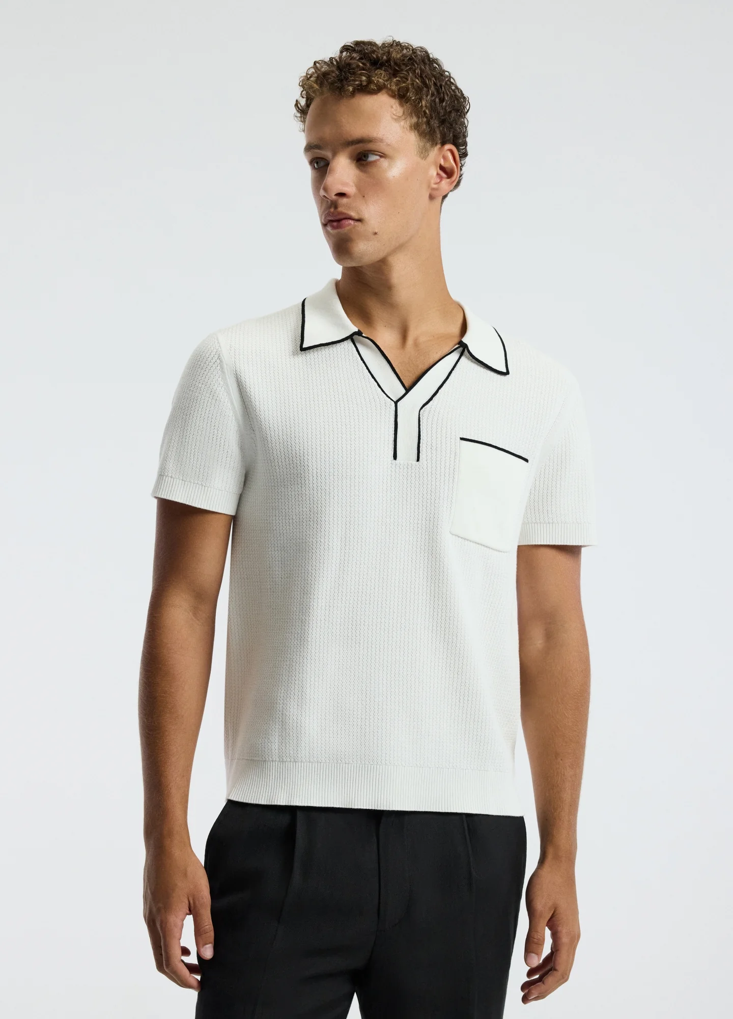 Tipped Edge Open Neck Polo Ivory - Image 3