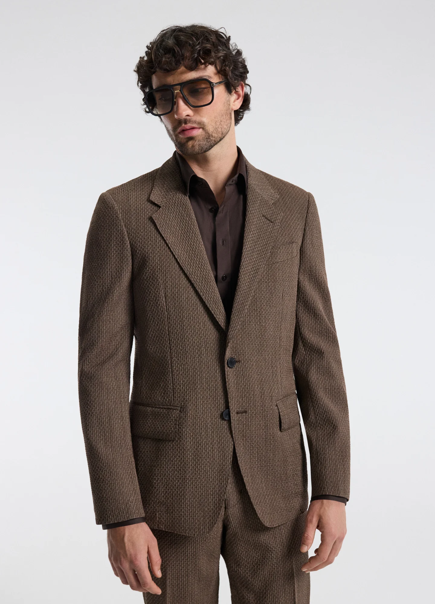 Unstructured Micro Jacquard Wool Blazer Mocha - Image 2