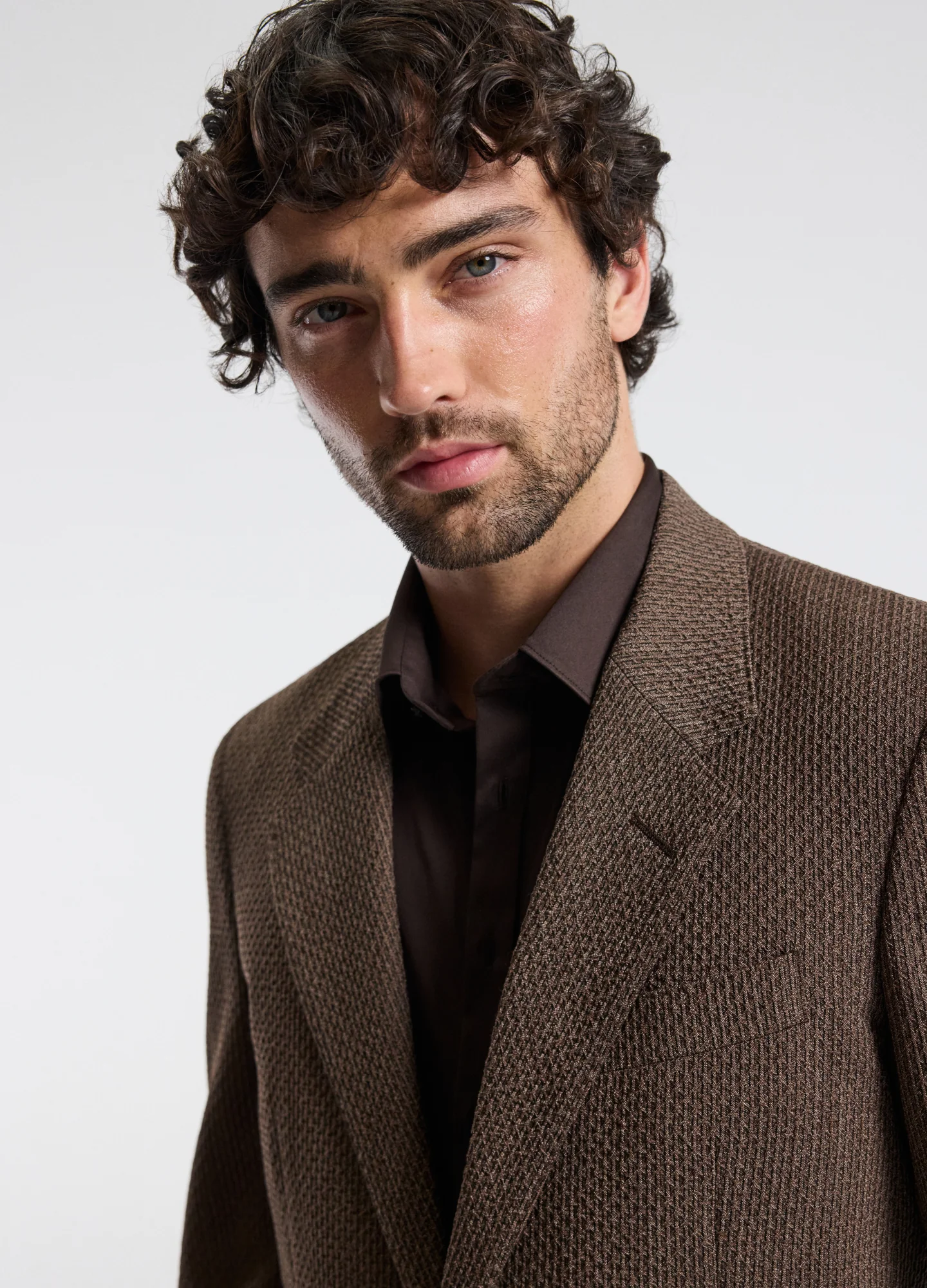 Unstructured Micro Jacquard Wool Blazer Mocha - Image 3