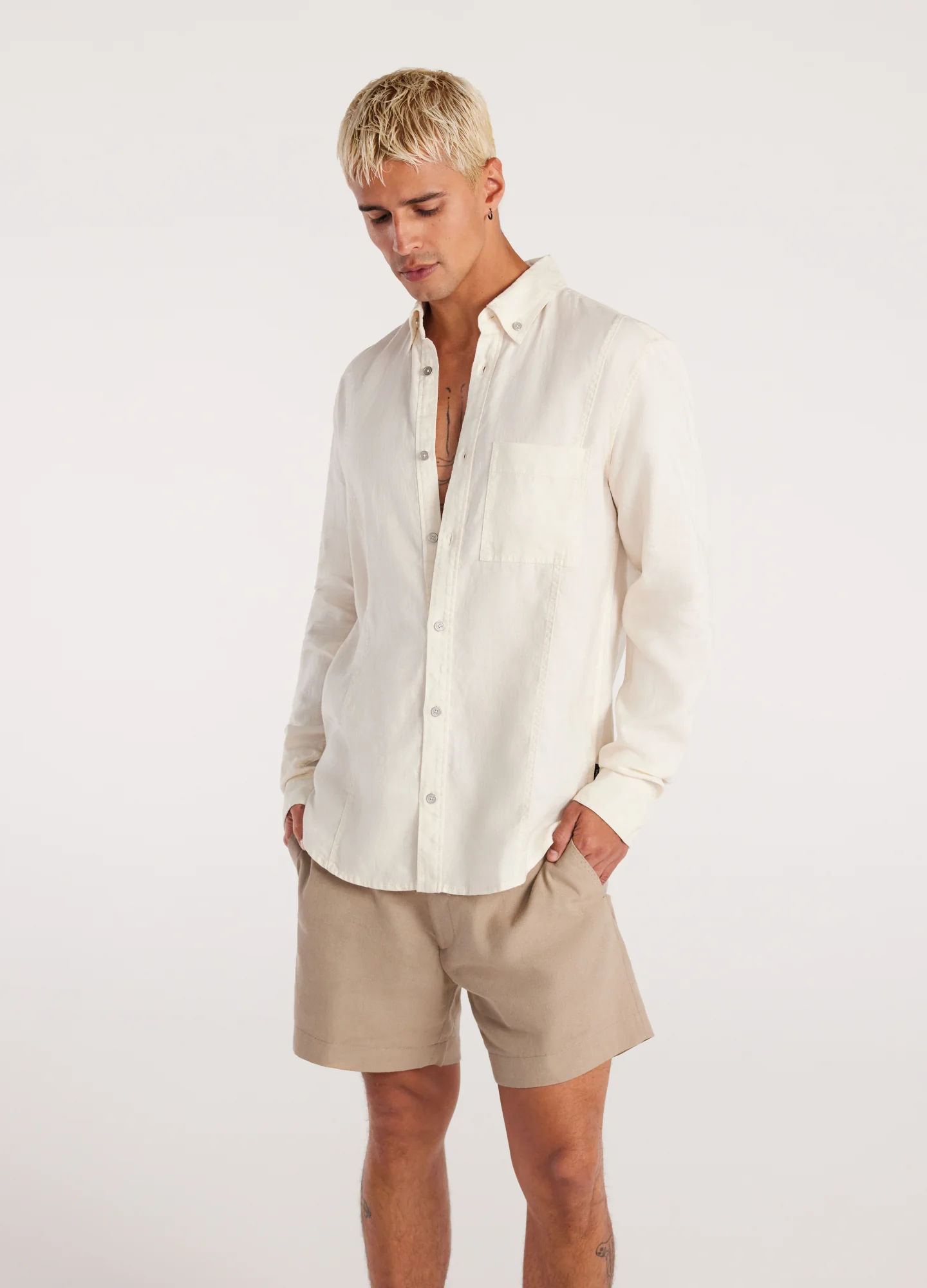 Washed Linen Button Down Shirt Cream - Image 3