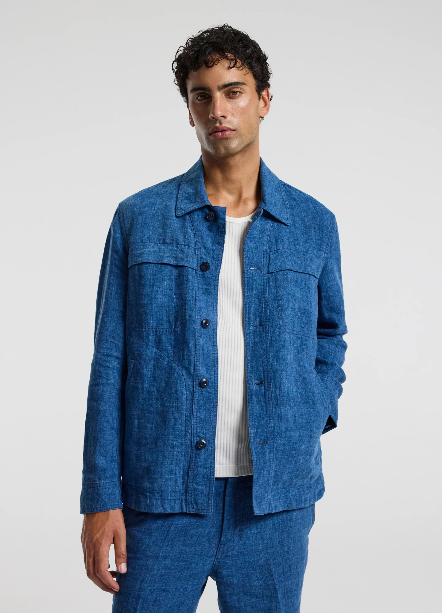 Washed Linen Shirt Jacket Indigo - Image 3