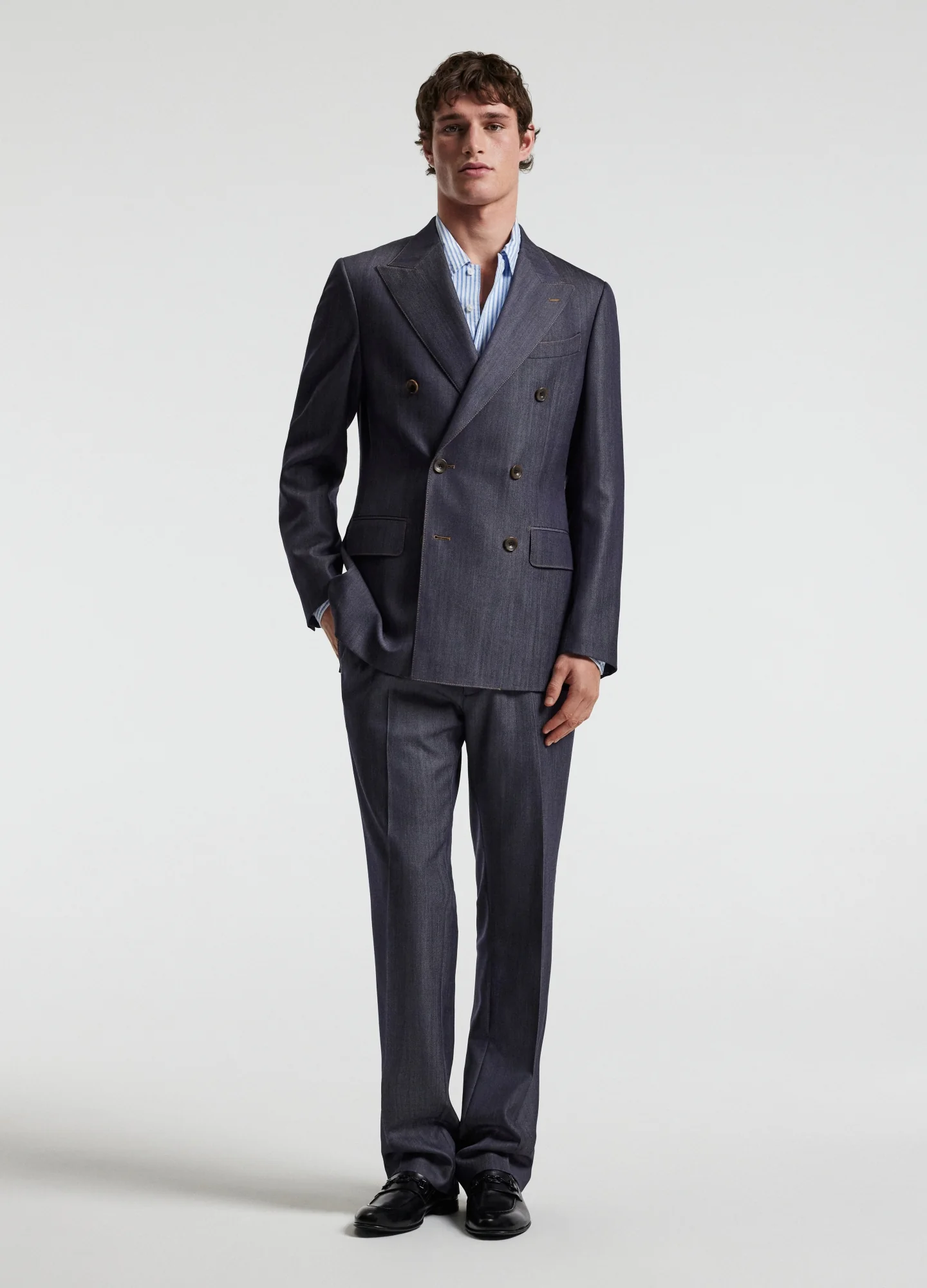 Wool Denim Double-Breasted Suit Jacket Navy - Image 2