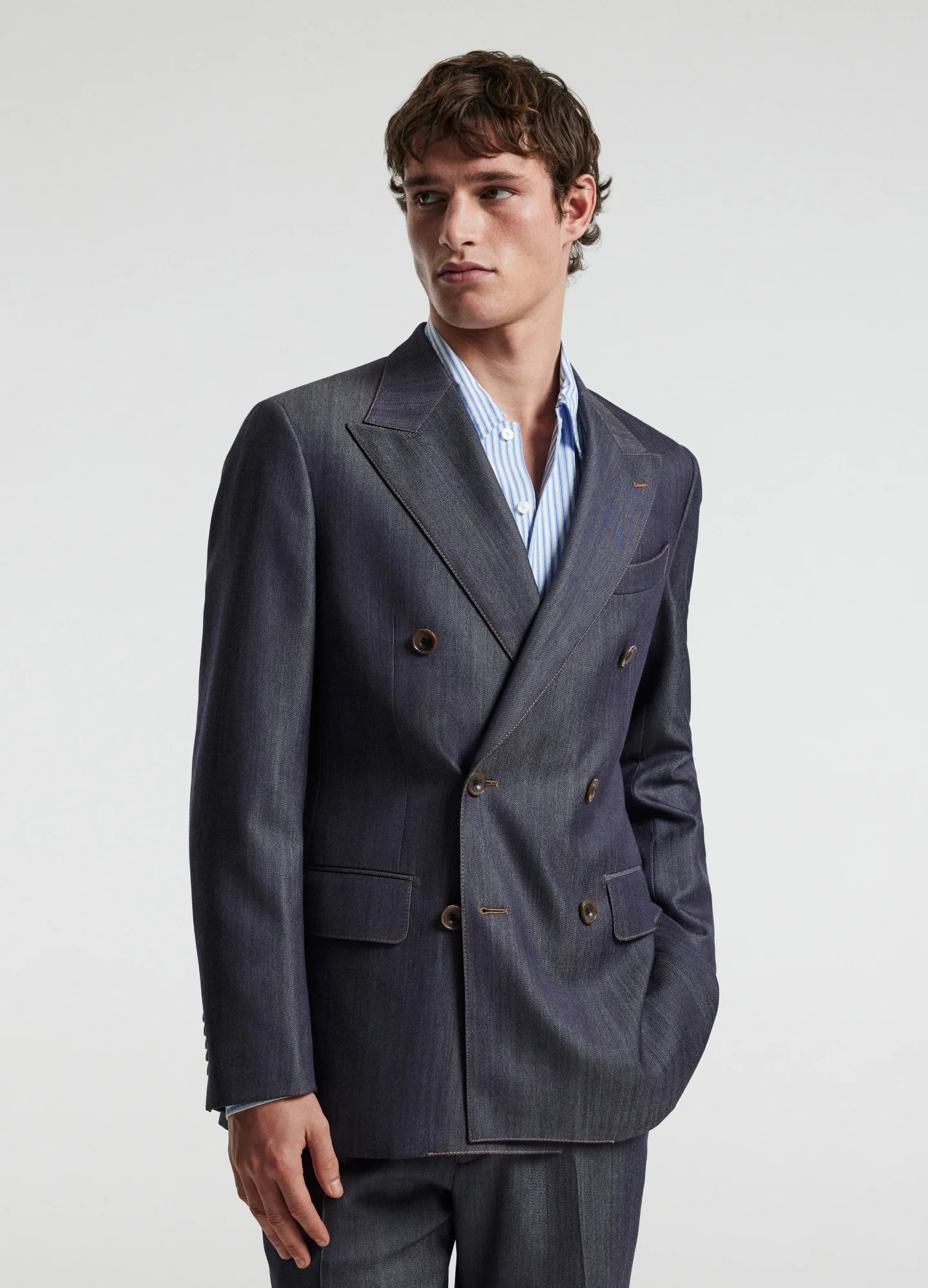 Wool Denim Double-Breasted Suit Jacket Navy - Image 3