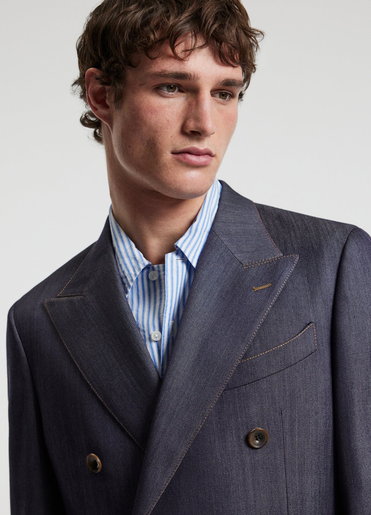 Wool Denim Double-Breasted Suit Jacket Navy - Image 4