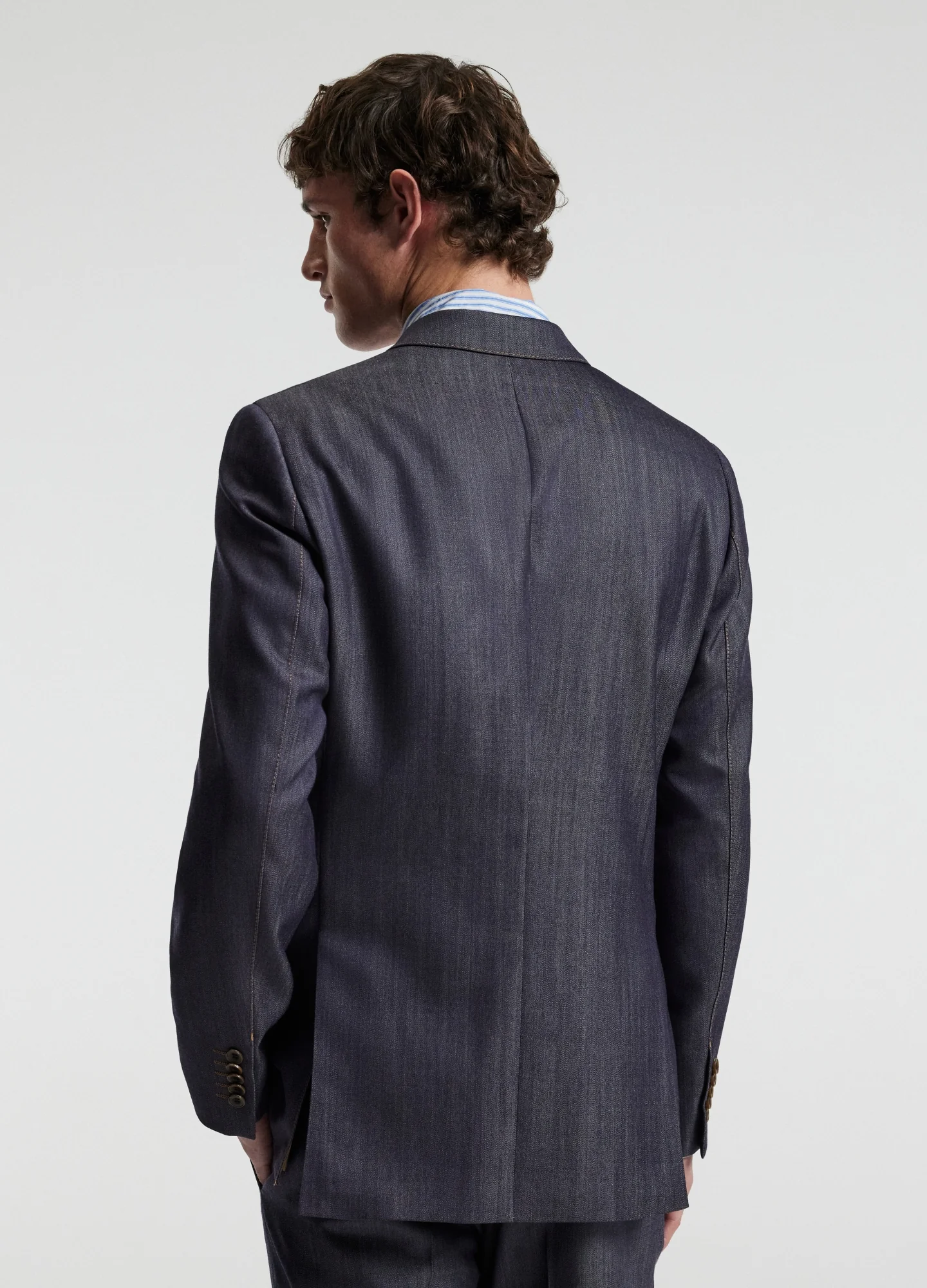 Wool Denim Double-Breasted Suit Jacket Navy - Image 5