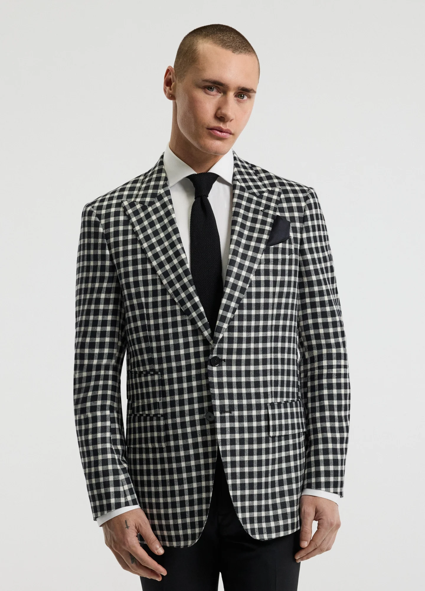 Wool Silk Linen Check Blazer Black - Image 3